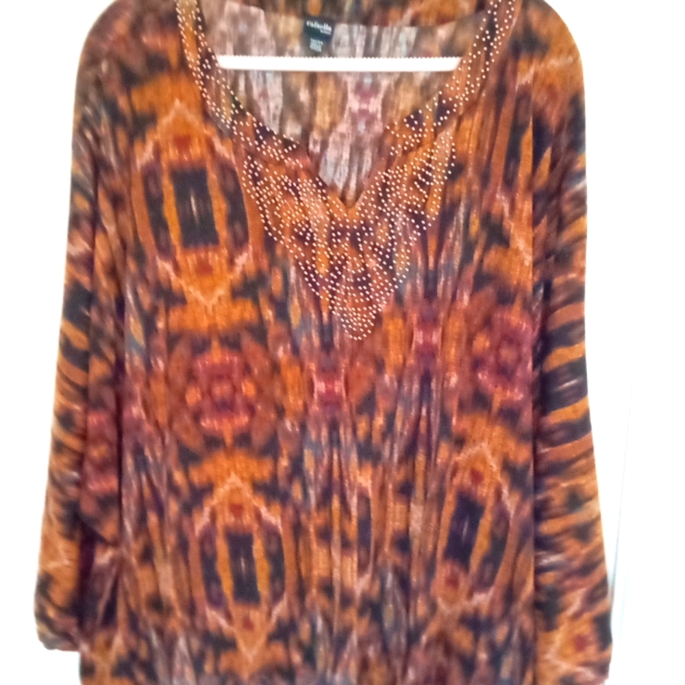 Rafaella Blouse Size 3x Color multi Jewel tone with beading around collar.